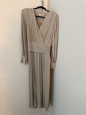 Long Sleeve Beige V-Neck Maxi Dress with Draped Waist